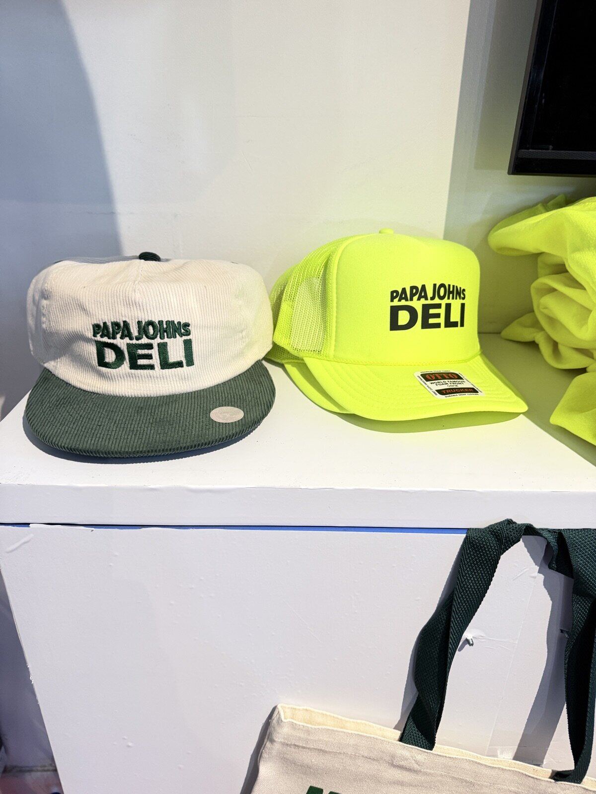 Branded merchandise arranged on display at a live brand activation